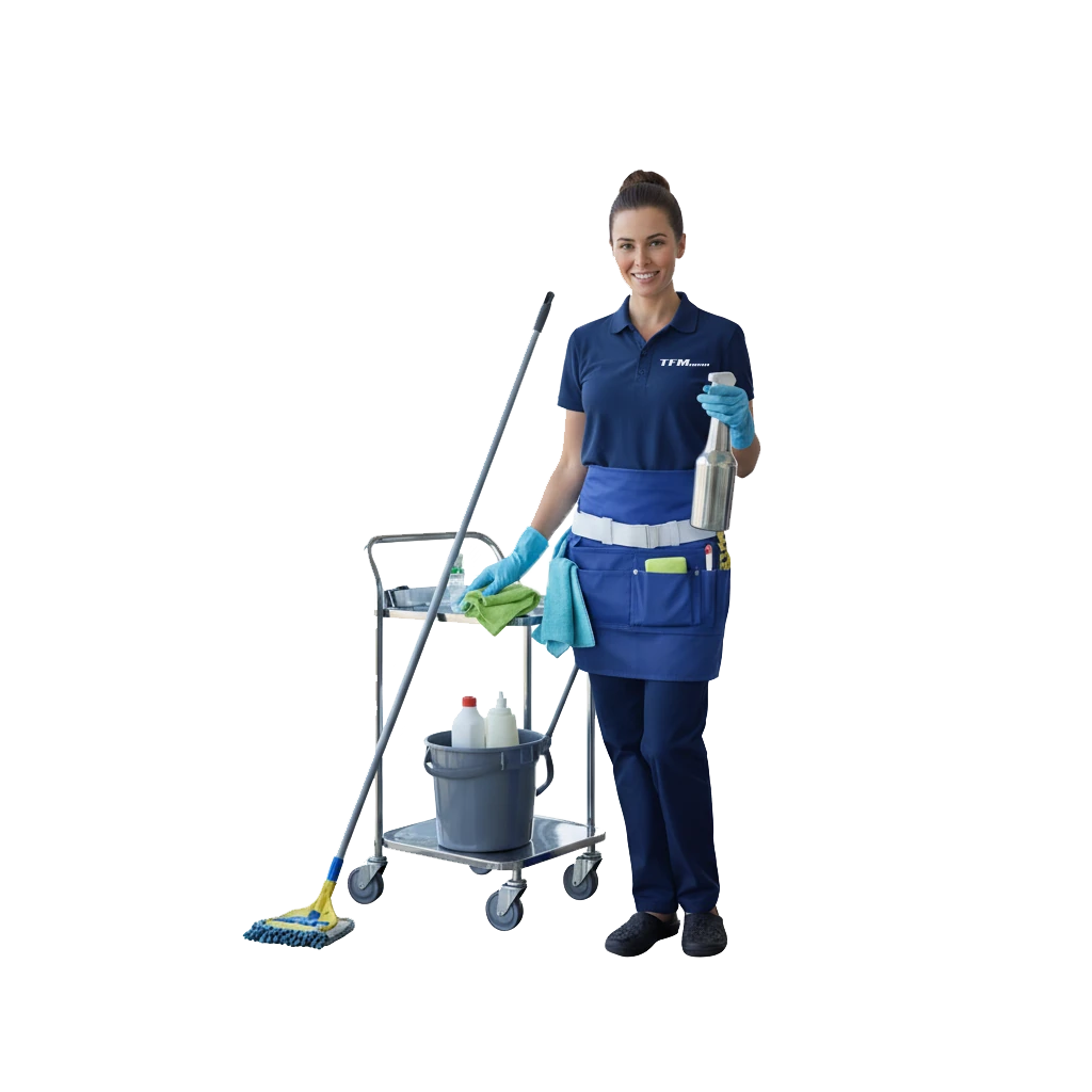 Commercial cleaning professional with janitorial supplies and cleaning equipment