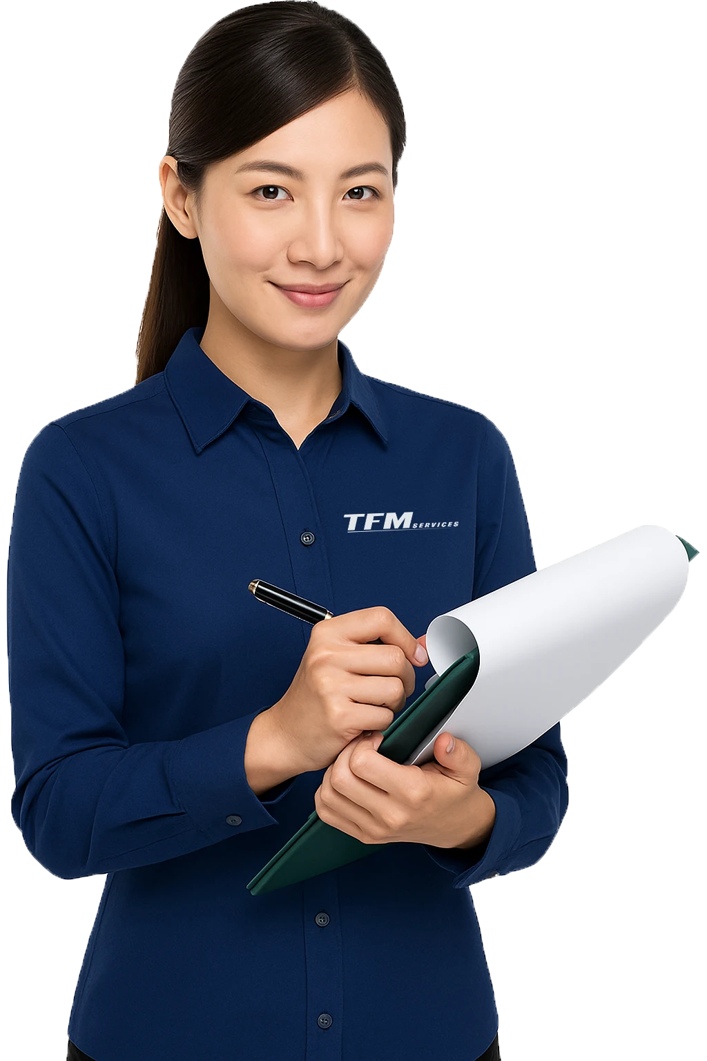 TFM Services facility services professional holding a clipboard