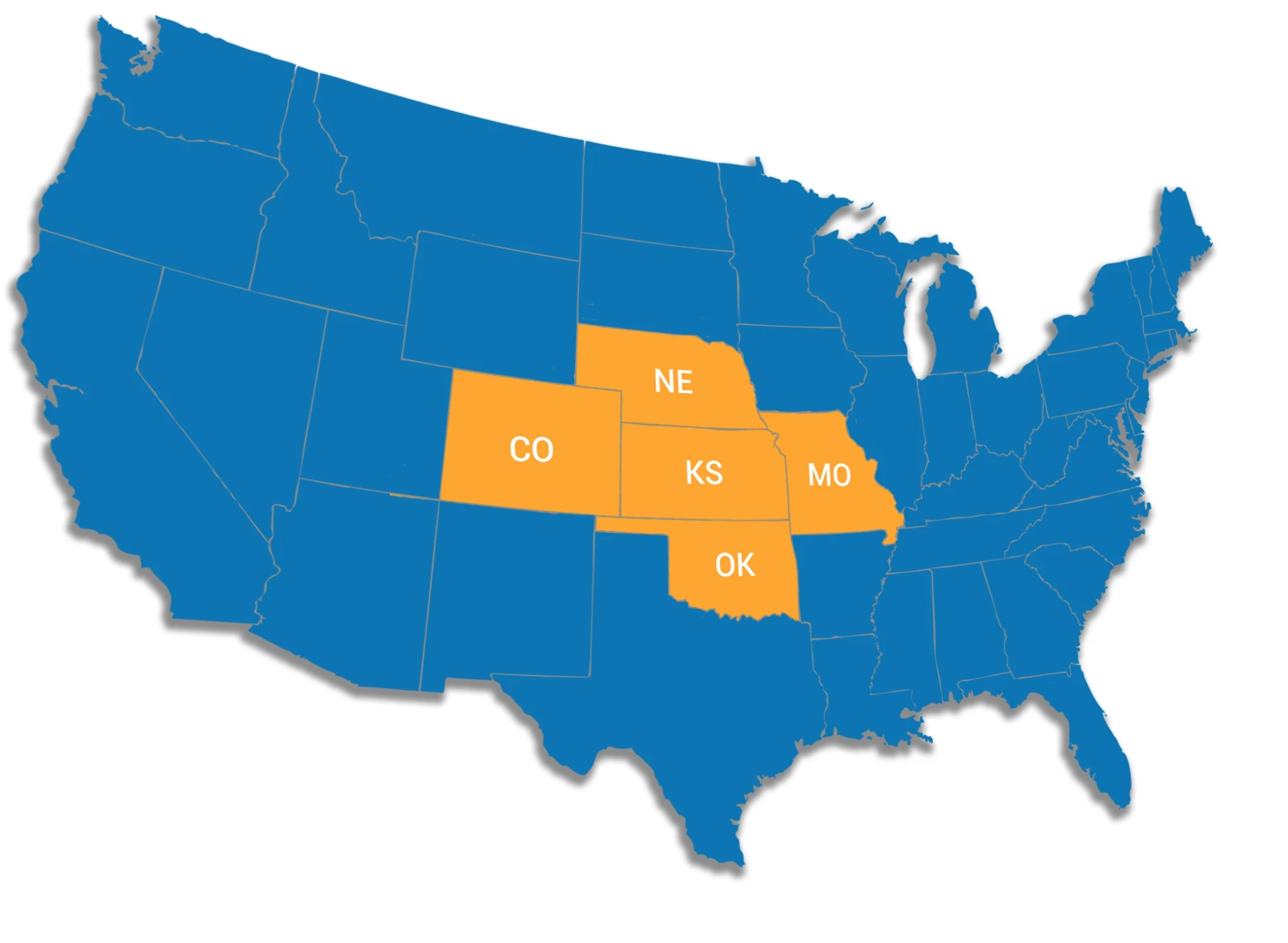 United States service area map highlighting Kansas, Missouri, Nebraska, Oklahoma, and Colorado